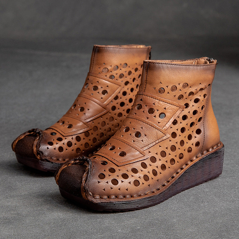 Women Summer Hollow Leather Low Wedge Boots-RAIIFY