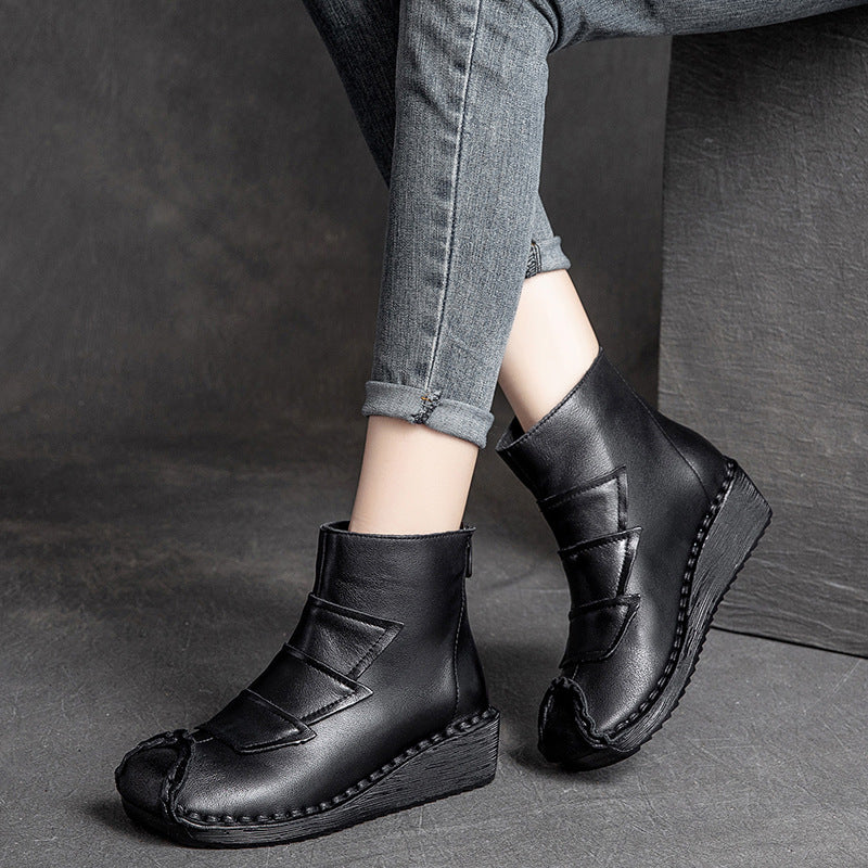 Women Retro Cowhide Low Wedge Casual Boots-RAIIFY