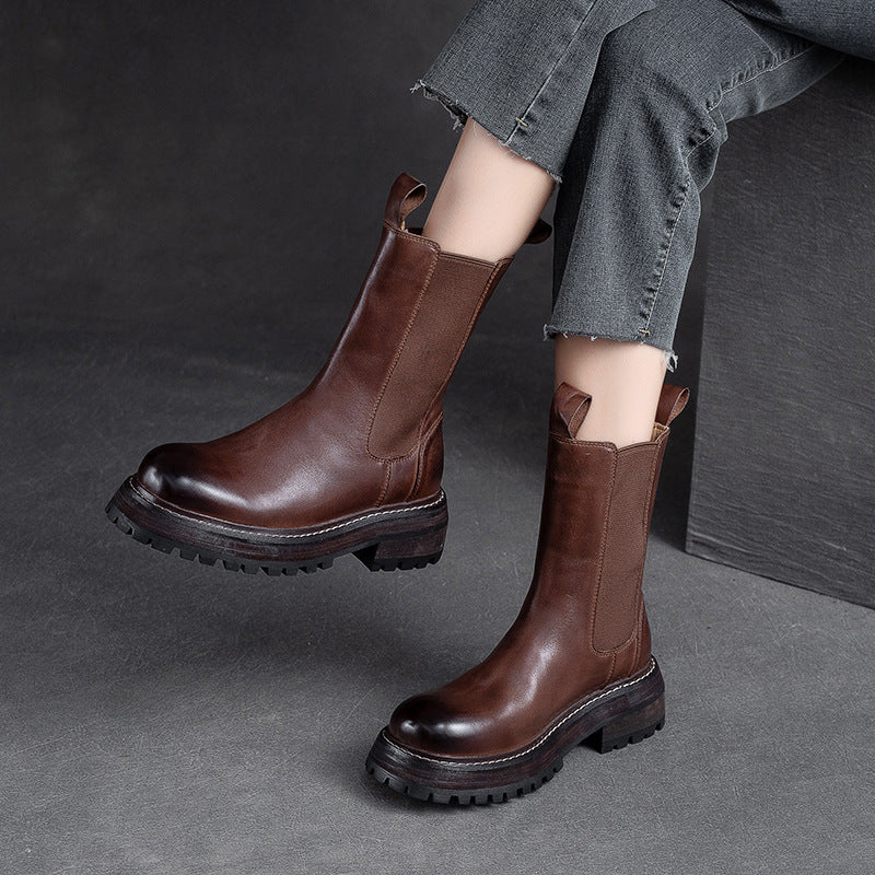 Women Retro Minimalist Leather Mid-Calf Boots-RAIIFY