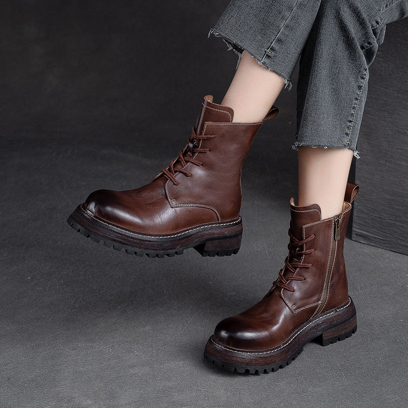 Women Classic Cowhide Patchwork Leather Combat Boots-RAIIFY