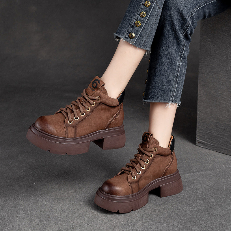 Women Casual Fashion Leather Chunky Sole Ankle Boots-RAIIFY