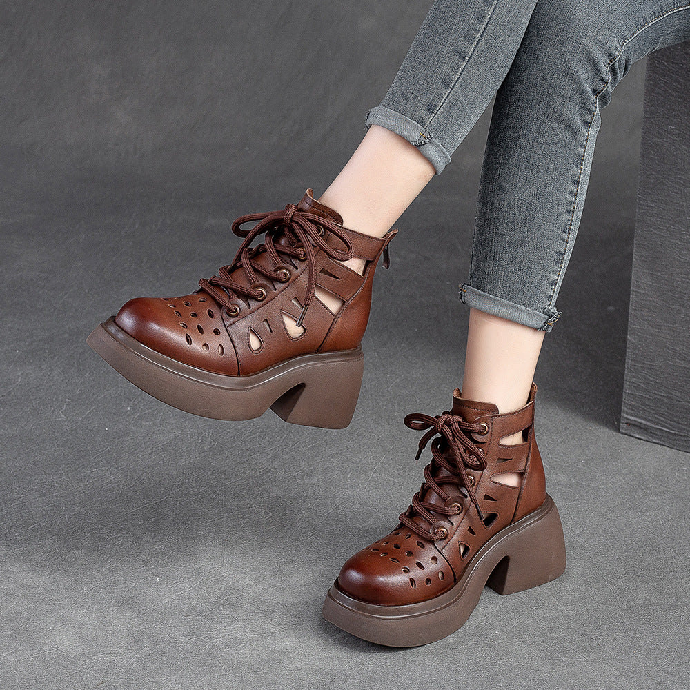 Women Summer Hollow Leather Chunky Heel Ankle Boots-RAIIFY
