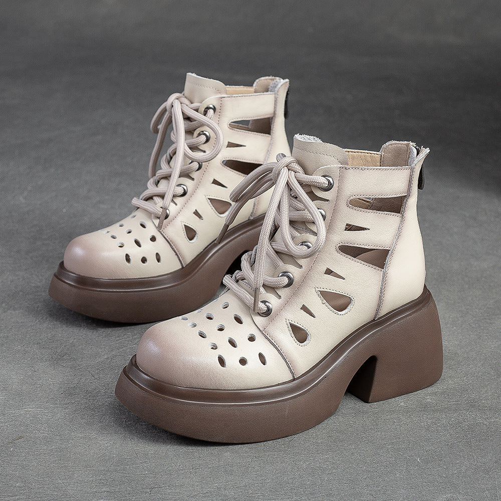 Women Summer Hollow Leather Chunky Heel Ankle Boots-RAIIFY