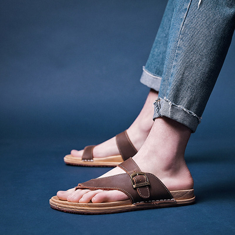 Men Summer Leather Beach Flip Flops Sandals Slides-RAIIFY