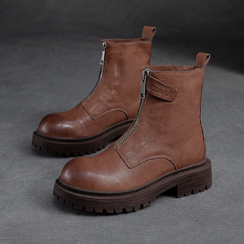 Women Retro Casual Font Zipper Leather Boots-RAIIFY