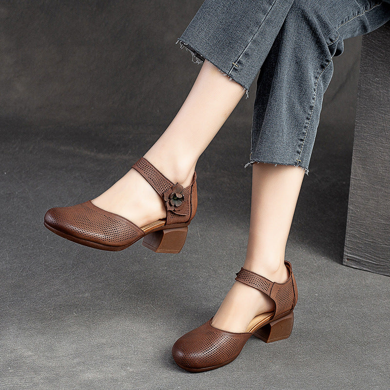 Women Summer Retro Velcro Leather Chunky Pumps-RAIIFY