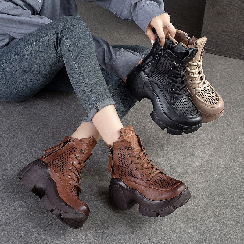 Women Summer Hollow Leather Chunky Platform Boots-RAIIFY
