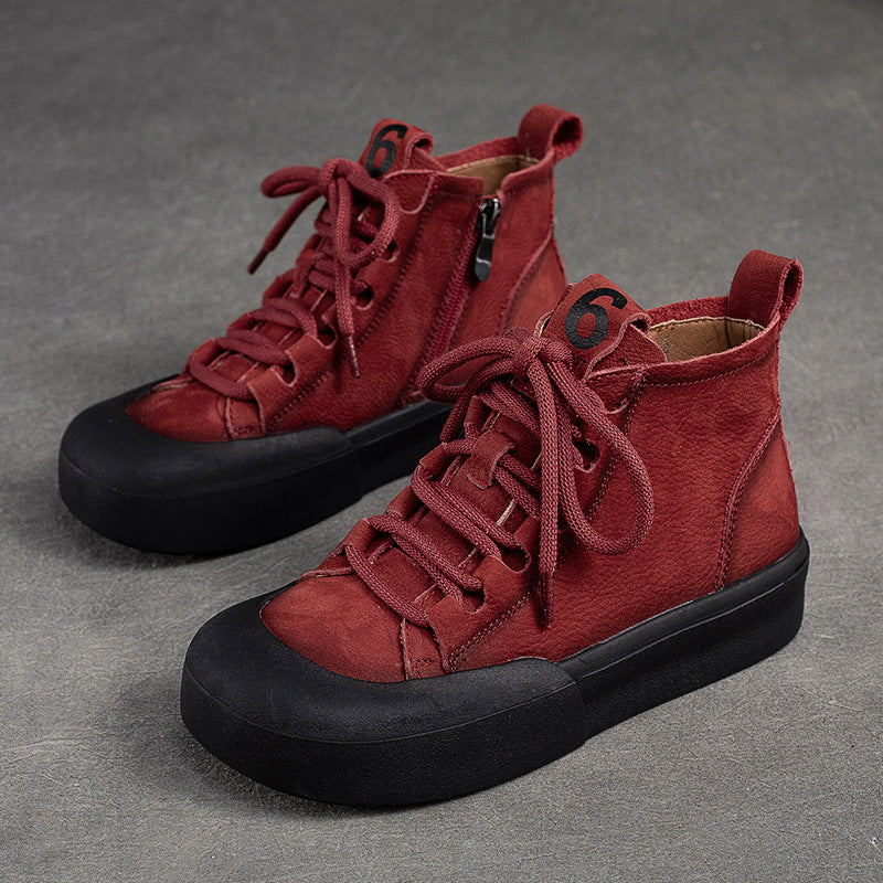 Women Retro Solid Leather Flat Casual Boots-RAIIFY
