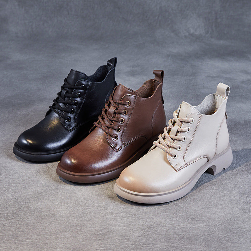 Women Minimalist Retro Leather Lace Up Ankle Boots-RAIIFY