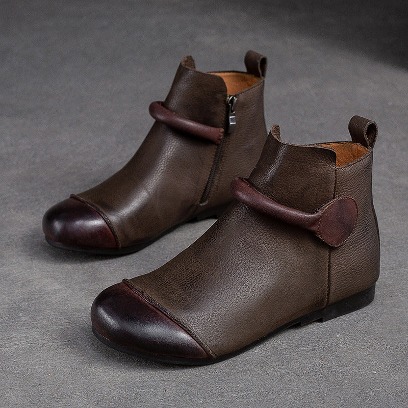 Women Retro Retro Leather Flat Ankle Boots-RAIIFY
