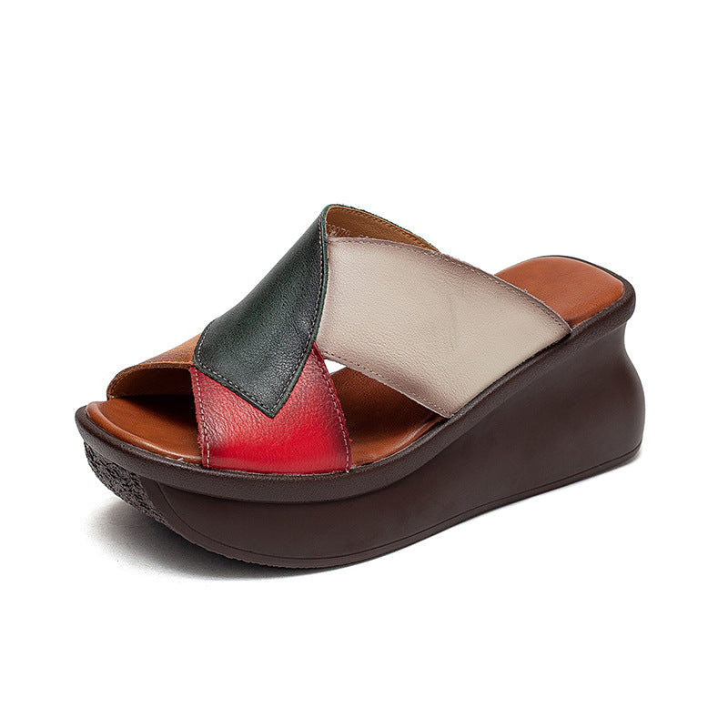 Women Summer Retro Leather Wedge Slide Sandals-RAIIFY