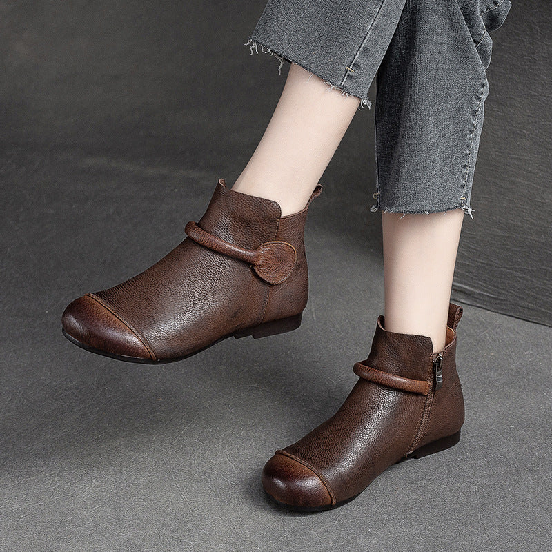 Women Retro Retro Leather Flat Ankle Boots-RAIIFY