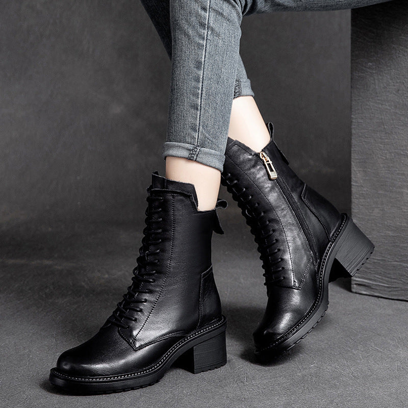 Women Retro Leather Zipper Wedge Boots-RAIIFY