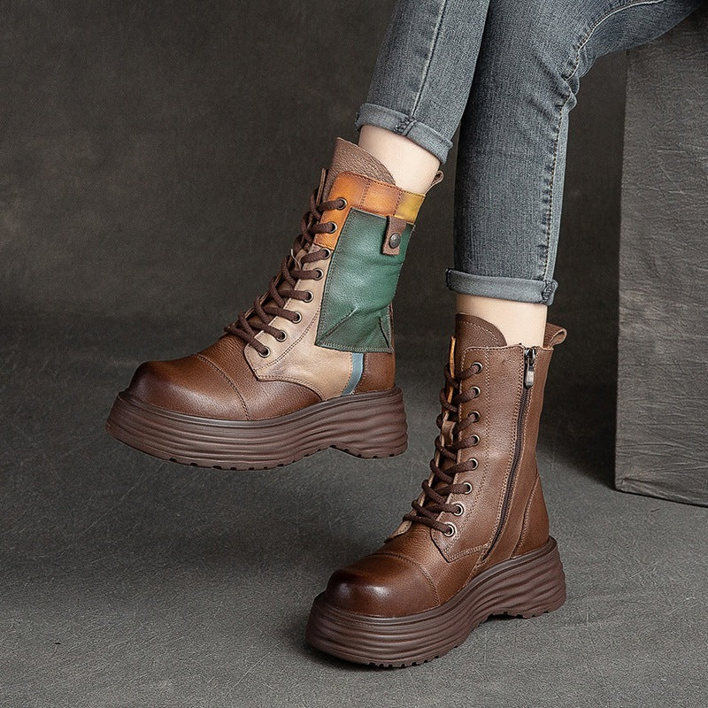 Women Retro Patchwork Leather Platform Combat Boots-RAIIFY