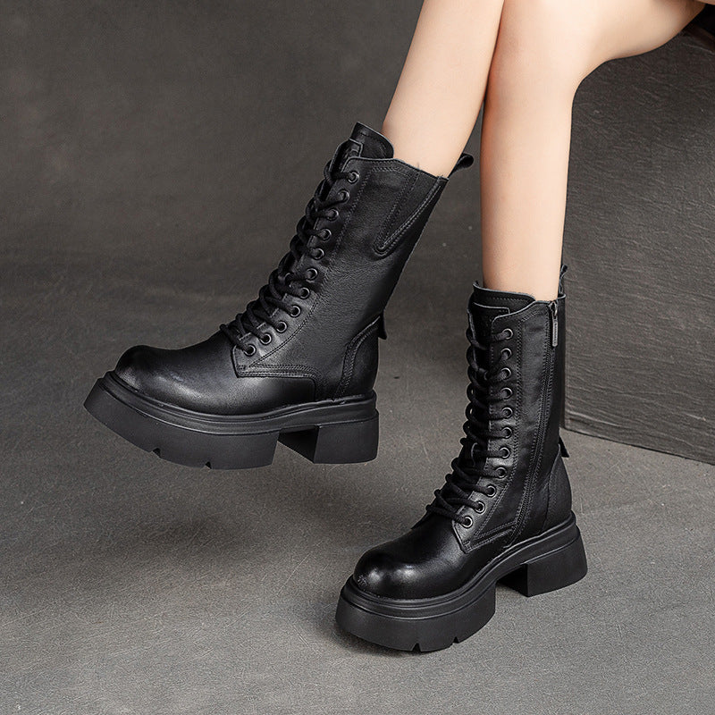 Women Retro Leather Chunky Platform Mid Calf Boots-RAIIFY