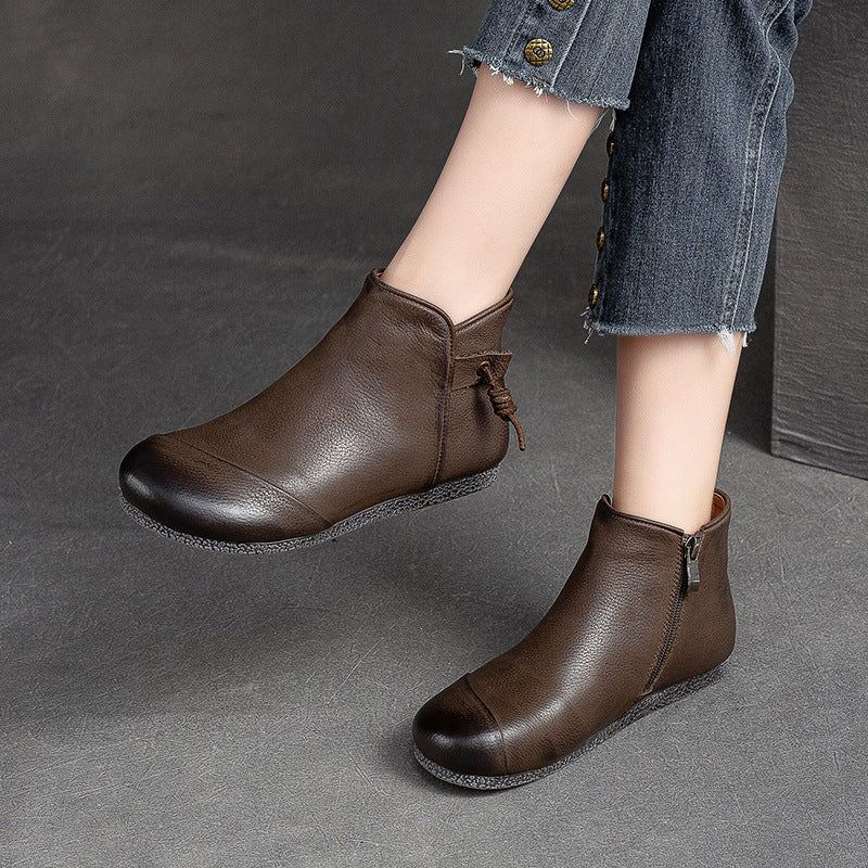 Women Retro Minimalist Leather Soft Flat Ankle Boots-RAIIFY