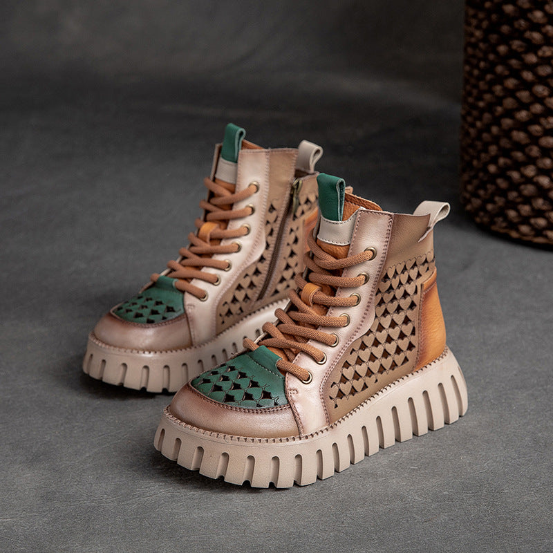 Women Casual Summer Patchwork Hollow Leather Boots-RAIIFY