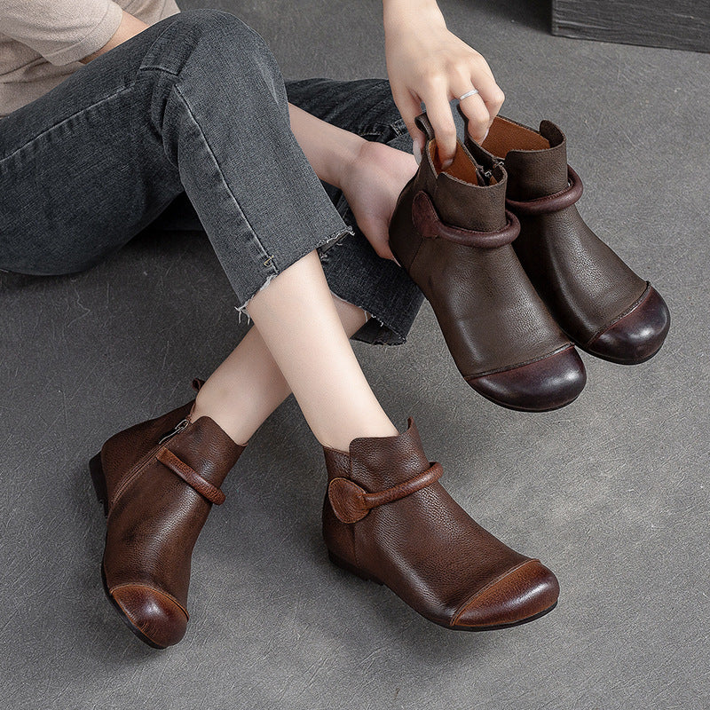 Women Retro Retro Leather Flat Ankle Boots-RAIIFY