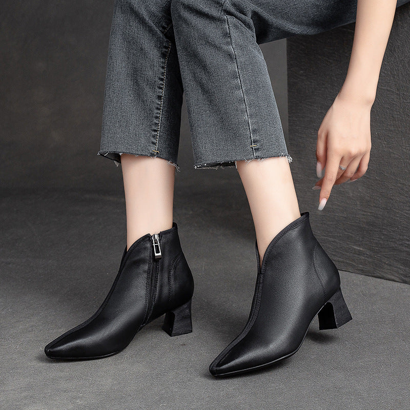Women Retro Minimalist Leather Chunky Heel Boots-RAIIFY