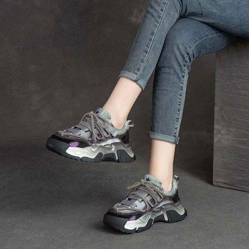 Women Retro Patchwork Leather Platform Dad Sneakers-RAIIFY