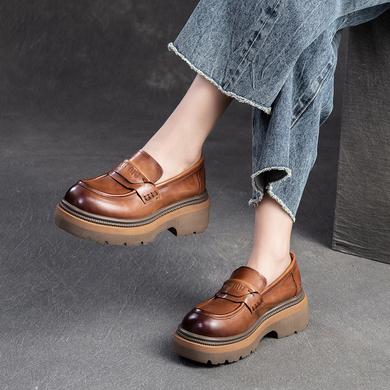 Women Retro Leather Thick Soled Casual Loafers-RAIIFY