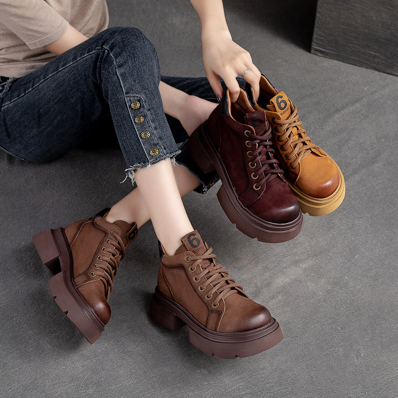 Women Casual Fashion Leather Chunky Sole Ankle Boots-RAIIFY