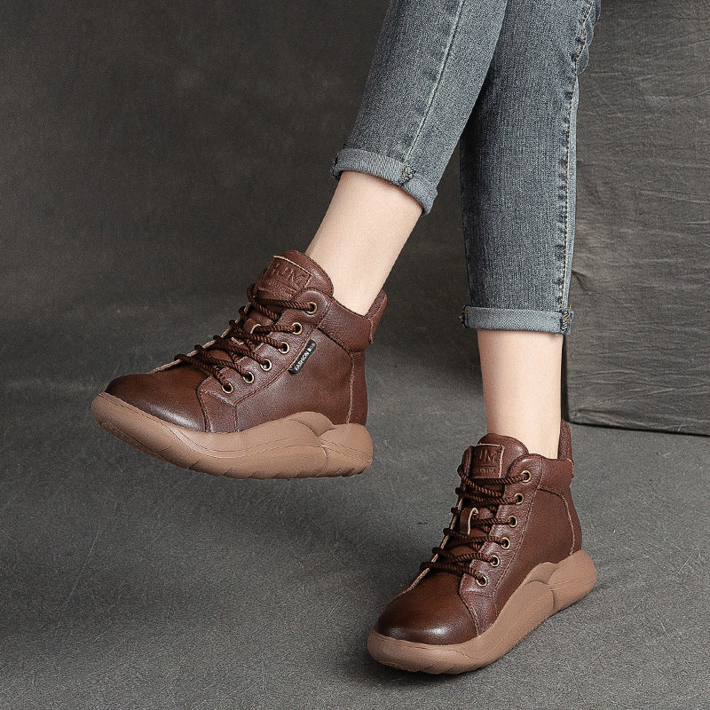 Women Lace-Up Casual Fashion Leather Flat Ankle Boots-RAIIFY