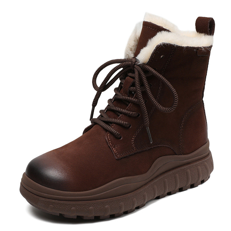 Women Retro Thick Soled Leather Snow Boots-RAIIFY