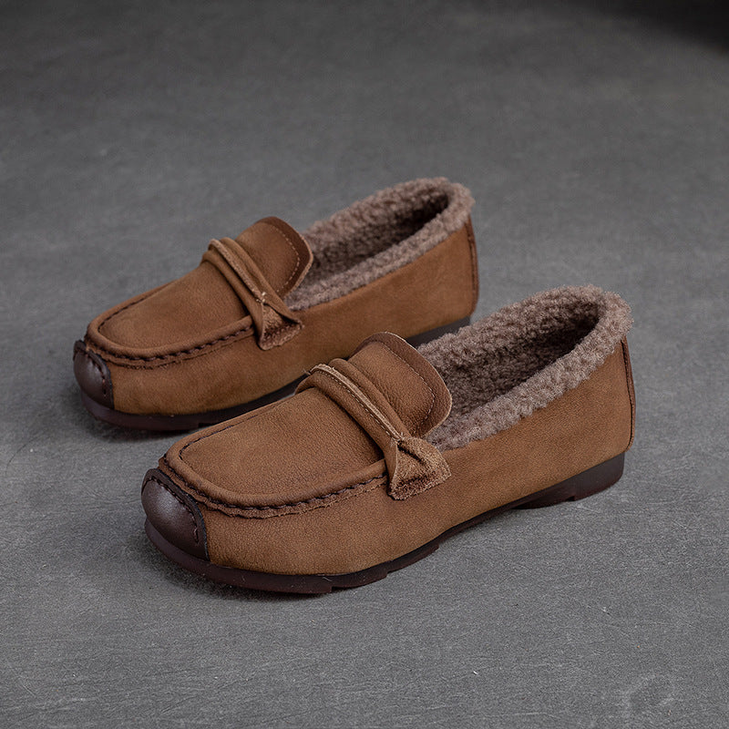 Women Retro Leather Flat Furred Winter Loafers-RAIIFY