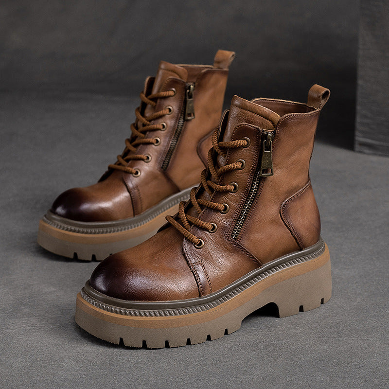 Women Retro Patchwork Leather Platform Boots-RAIIFY