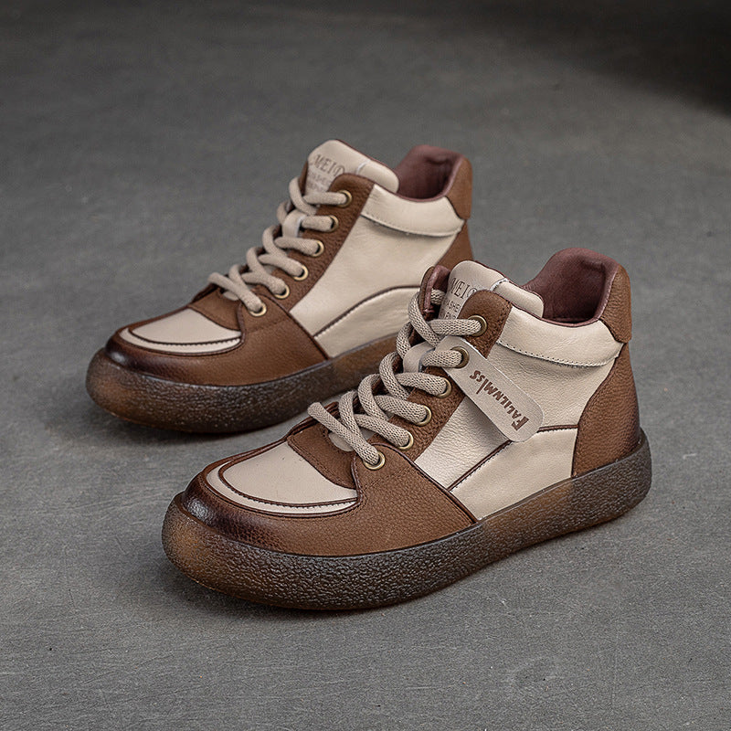 Women Retro Patchwork Leather Flat Casual Boots-RAIIFY