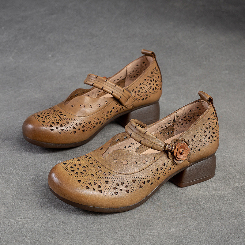 Women Summer Retro Leather Chunky Low Heel Pumps-RAIIFY