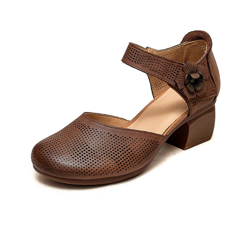 Women Summer Retro Velcro Leather Chunky Pumps-RAIIFY