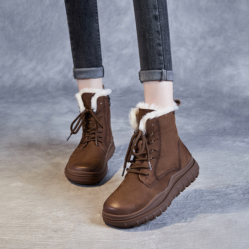 Women Retro Thick Soled Leather Snow Boots-RAIIFY