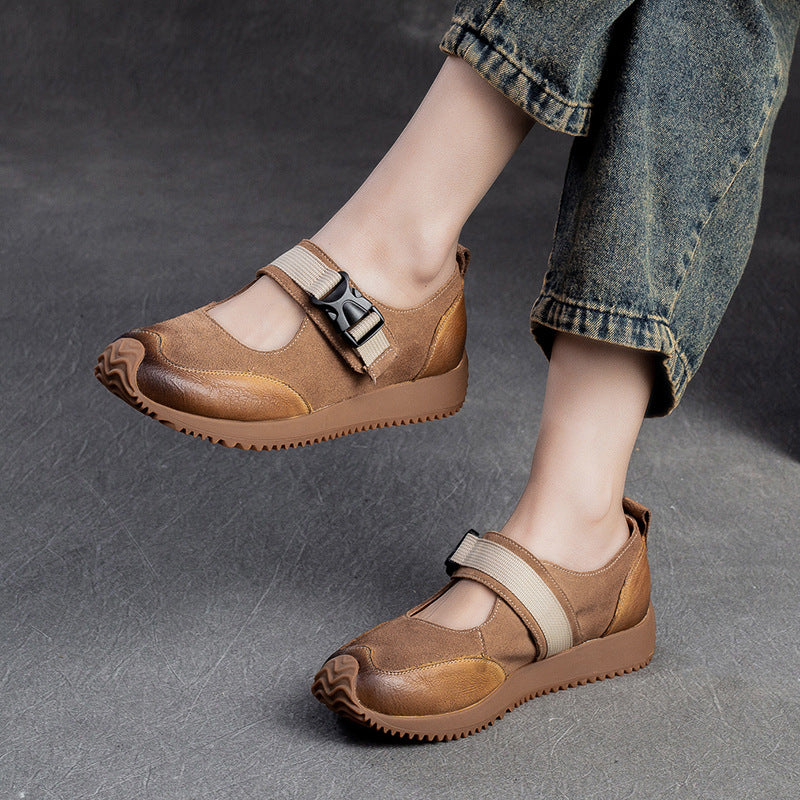 Women Retro Patchwork Leather Flat Casual Shoes-RAIIFY