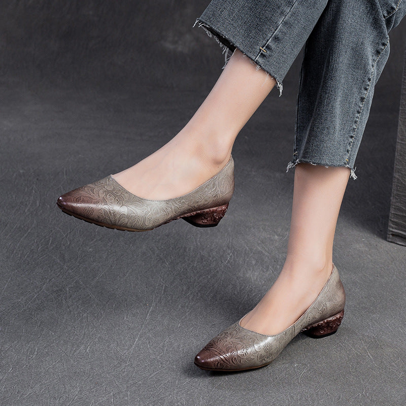 Women Retro Embossed Leather Chunky Heel Pumps Shoes-RAIIFY