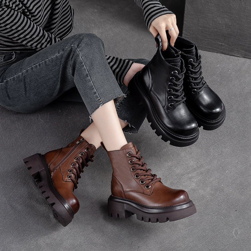 Women Retro Minimalist Classic Leather Lug Sole Boots-RAIIFY