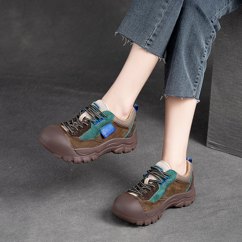 Women Color Matching Leather Thick Soled Casual Shoes-RAIIFY