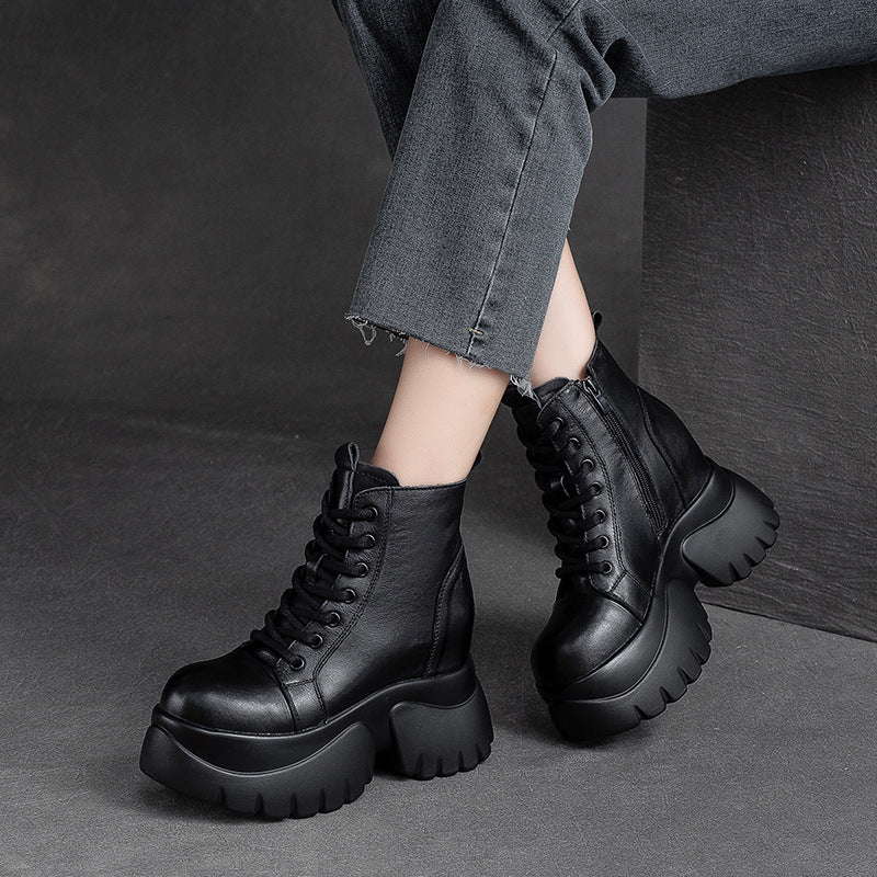Women Retro Leather Minimalist Chunky Platform Boots-RAIIFY