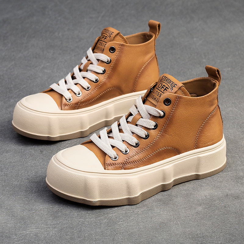 Women Fashion Cowhide Lace-up Casual Flat Ankle Boots-RAIIFY