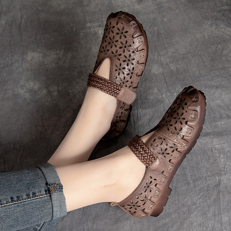 Women Summer Retro Soft Hollow Leather Flats-RAIIFY