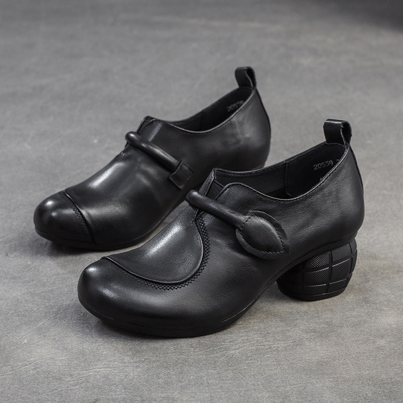 Women Retro Leather Minimliast Chunky Heel Pumps-RAIIFY