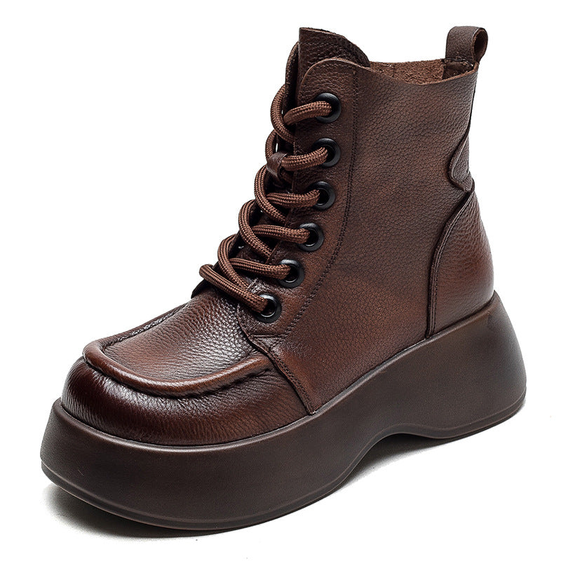 Women Retro Solid Leather Platform Boots-RAIIFY