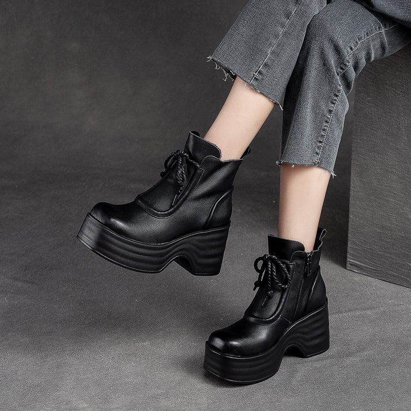 Women Autumn Retro Leather Chunky Platform Boots-RAIIFY