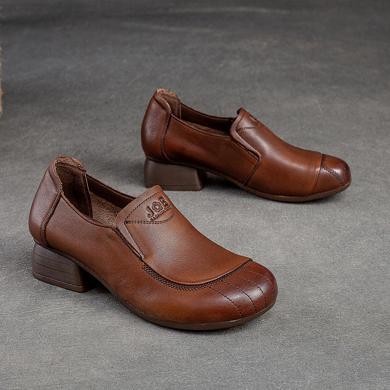 Women Retro Leather Chunky Heel Casual Shoes-RAIIFY