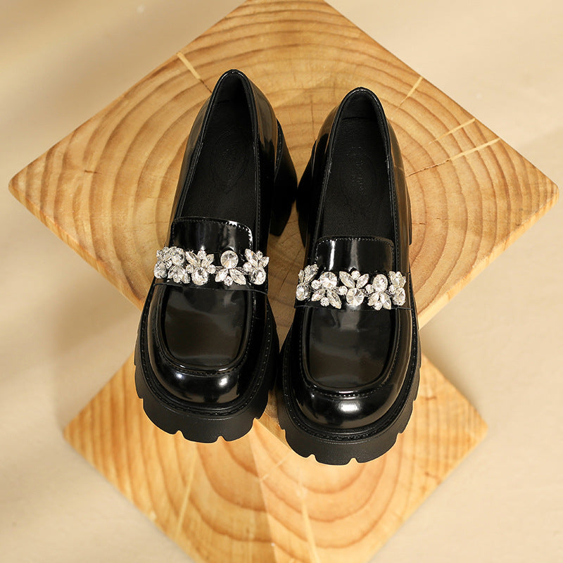 Women Casual Leather Crystal Chunky Heel Loafers-RAIIFY