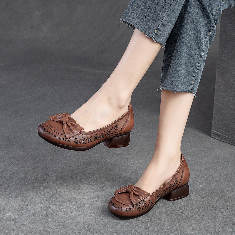 Women Summer Hollow Leather Low Chunky Heel Pumps-RAIIFY