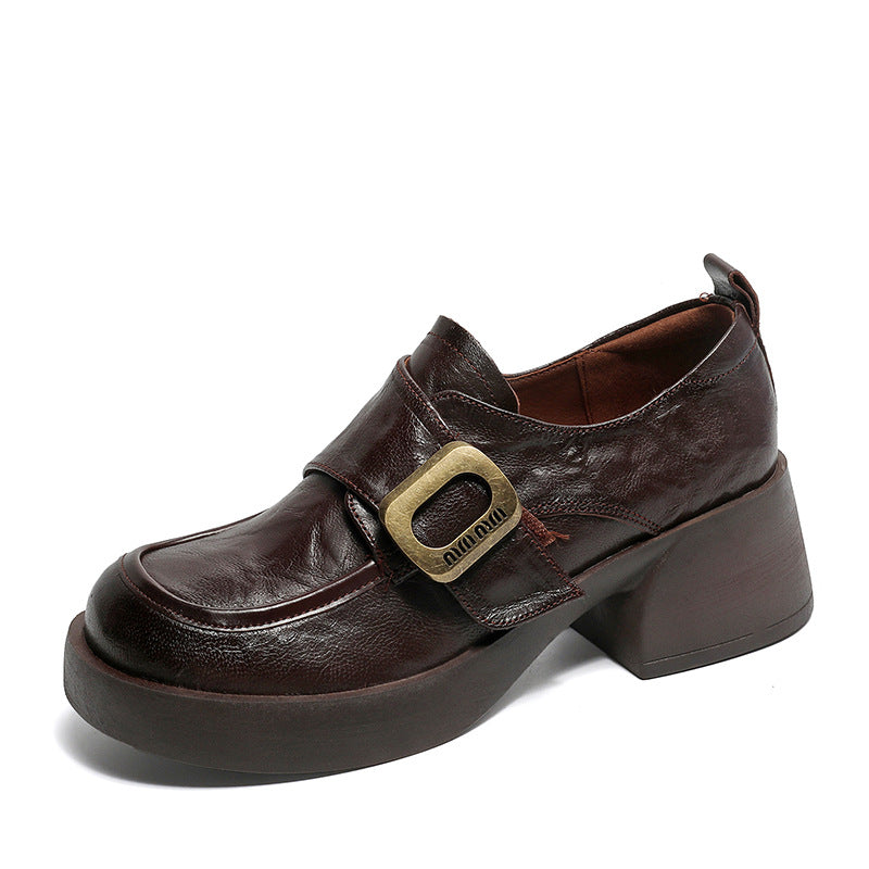 Women Retro Minimliast Leather Chunky Heel Loafers-RAIIFY