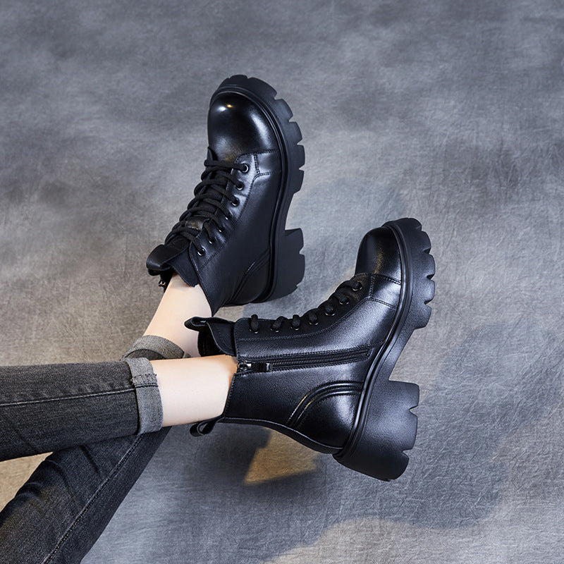 Women Minimalist Leather Chunky Platform Boots-RAIIFY