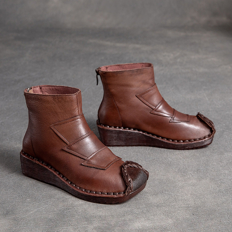 Women Retro Cowhide Low Wedge Casual Boots-RAIIFY